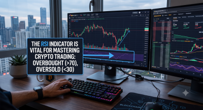A professional crypto trading desk with dual monitors displaying a Binance candlestick chart and the RSI indicator highlighted on screen.