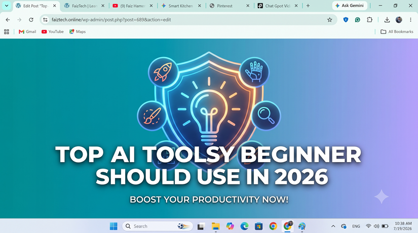 Top AI tools every beginner should use in 2026 featured image template displaying dynamic icons for text creation, graphic design, and audio production workflows.