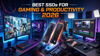 A high-tech digital graphic featuring two M.2 NVMe SSDs glowing with orange and blue energy lines in the center. The background displays a split setup: a vibrant gaming station showing a futuristic robot game on the left, and a professional 8K video editing workstation on the right, with the text overlay "BEST SSDs FOR GAMING & PRODUCTIVITY 2026" at the top.