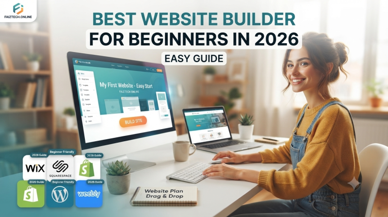 A woman smiling while using a computer to build a website, featuring the text "Best Website Builder for Beginners in 2026: Easy Guide" and icons of popular platforms like Wix, Squarespace, Shopify, and WordPress.