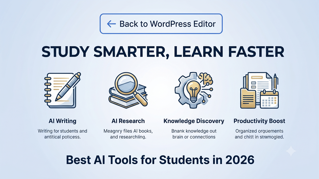 A graphic illustration titled "Best AI Tools for Students in 2026: Study Smarter, Learn Faster" featuring four distinct icons representing AI Writing, AI Research, Knowledge Discovery, and Productivity Boost.