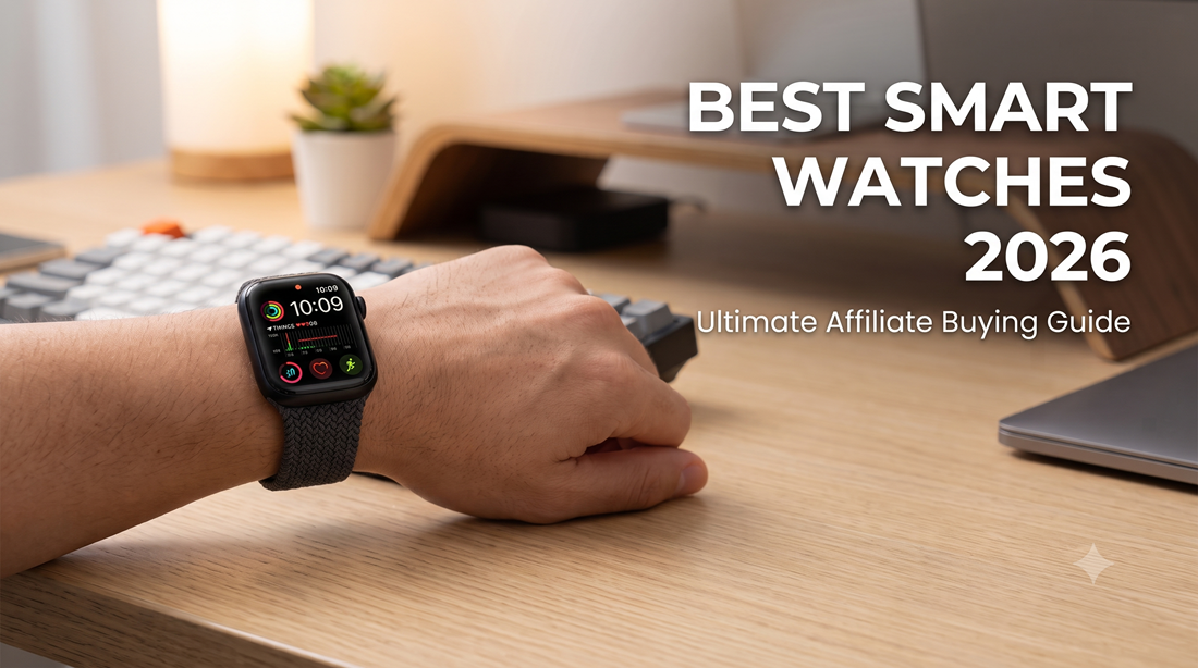 A close-up of an Apple Watch Series 10 with a complex health tracking interface on the screen, resting on a wooden desk next to a mechanical keyboard, with the text overlay 'BEST SMART WATCHES 2026 Ultimate Affiliate Buying Guide.'