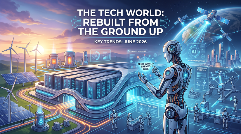 alt="A futuristic AI data center powered by wind turbines and solar panels, featuring a sleek humanoid robot interacting with holographic screens showing 'Tech World Trends 2026' and orbital satellites beaming data over a digital city."