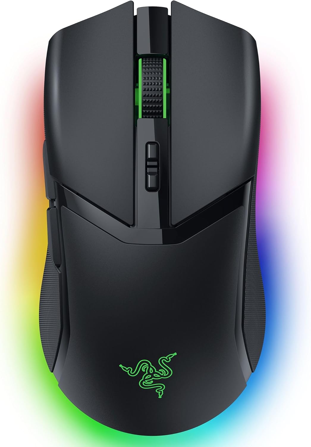 Razer Cobra wired gaming mouse showing sleek ambidextrous design and vibrant underglow RGB lighting on a black desk mat