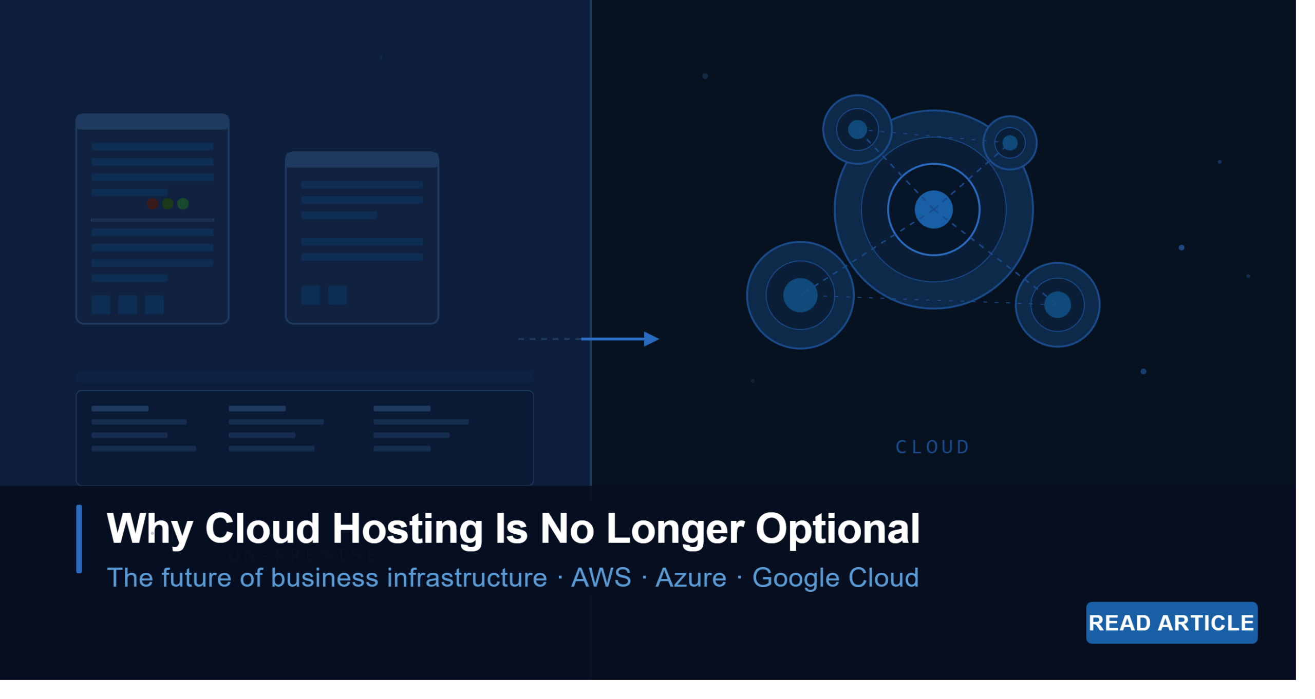 A dark-themed split illustration showing physical server racks on the left representing traditional on-premise infrastructure, transitioning via an arrow to interconnected cloud network nodes on the right, with the headline "Why Cloud Hosting Is No Longer Optional" overlaid at the bottom — visual metaphor for business cloud migration to platforms like AWS, Azure, and Google Cloud.
