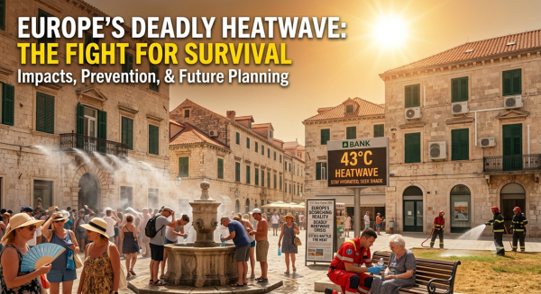 A crowded historic European city square under a blistering, bright sun during an intense summer heatwave. A digital street thermometer displays a dangerously high temperature of 43°C with a warning message reading "HEATWAVE: STAY HYDRATED, SEEK SHADE." In the foreground, tourists and locals cluster around a stone fountain to fill water bottles, people use handheld fans, emergency medical workers treat an elderly woman on a bench, and firefighters spray water onto dry grass. Overlay text at the top reads: "EUROPE'S DEADLY HEATWAVE: THE FIGHT FOR SURVIVAL - Impacts, Prevention, & Future Planning."