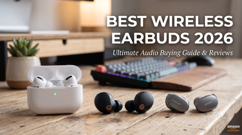 Premium models of Apple AirPods Pro 3, Sony WF-1000XM6, and Bose QuietComfort Ultra on a rustic wooden desk with the text 'BEST WIRELESS EARBUDS 2026 Ultimate Audio Buying Guide & Reviews' - Amazon Associates affiliate banner