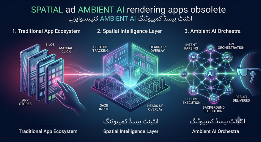 Conceptual diagram showing the evolution from traditional mobile apps and manual screen taps to a spatial intelligence layer and intent-based ambient AI.