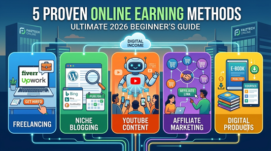 A modern workspace showing a laptop with charts, digital currency icons, and a checklist symbolizing five different online earning methods for beginners.