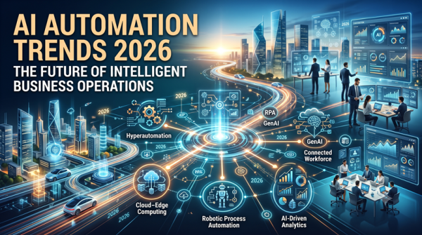 A futuristic, high-tech horizontal featured image titled "AI AUTOMATION TRENDS 2026: THE FUTURE OF INTELLIGENT BUSINESS OPERATIONS" in bold, glowing text. The image showcases a sprawling, modern smart city at sunset, integrated with glowing digital data streams and light trails from autonomous vehicles. On the right, professionals work in a sleek corporate environment surrounded by advanced, holographic dashboards displaying analytics and data charts. In the center, a complex neural network diagram connects key 2026 enterprise trends with glowing icons and labels, including "Hyperautomation," "Cloud-Edge Computing," "Robotic Process Automation," "AI-Driven Analytics," "GenAI," and "Connected Workforce.