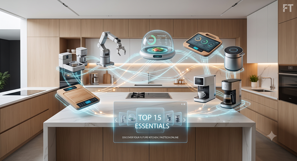 Futuristic smart kitchen showcasing top 15 connected gadgets and innovative appliances for 2026.