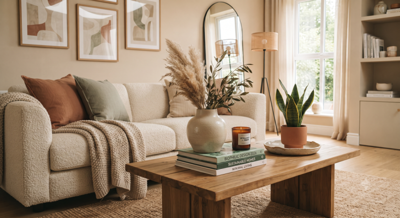A modern, well-lit living room showcasing essential home decor trends for 2026, featuring a neutral bouclé sofa with terracotta and sage green throw pillows, a textured knit throw blanket, and a rustic wooden coffee table. The table is styled with a minimalist ceramic vase holding dried pampas grass and olive branches, a scented candle, and stacked coffee table books. In the background, an arched full-length mirror, a woven rattan floor lamp, biophilic greenery in a terracotta pot, and soft neutral-toned curtains create a warm, sustainable, and inviting atmosphere