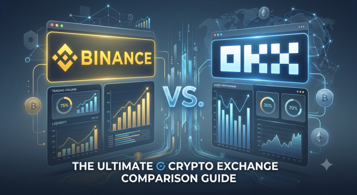 Binance vs OKX crypto exchange comparison guide featured image, showcasing trading charts, analytics dashboards, and logos for both Binance and OKX.