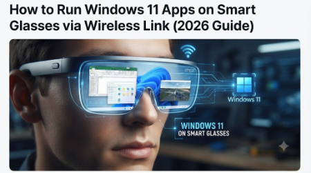 A person wearing smart glasses displaying floating Windows 11 apps and a wireless connection icon.
