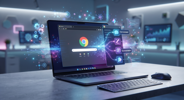 A modern laptop displaying a Google Chrome browser with glowing futuristic AI assistant sidebars, floating extension icons, and a high-tech workspace background for an article on the top AI Chrome extensions.