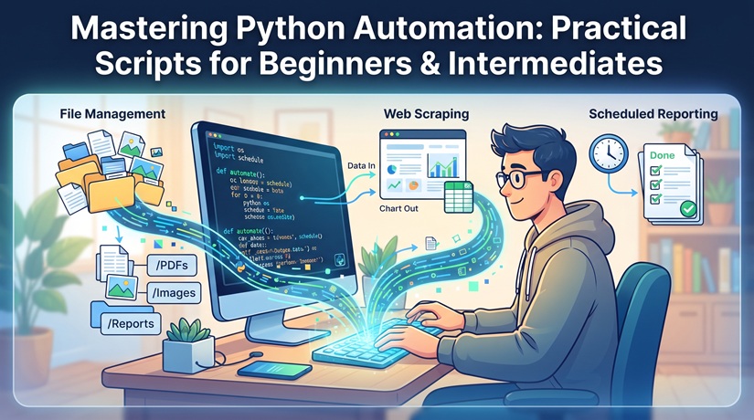 A programmer working on a computer displaying Python code, with visual icons representing file organization, web scraping, and scheduled reporting, captioned "Mastering Python Automation: Practical Scripts for Beginners & Intermediates".