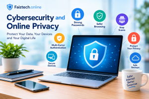 Cybersecurity and online privacy protection with a secure laptop, digital shield, strong passwords, and safe browsing.
