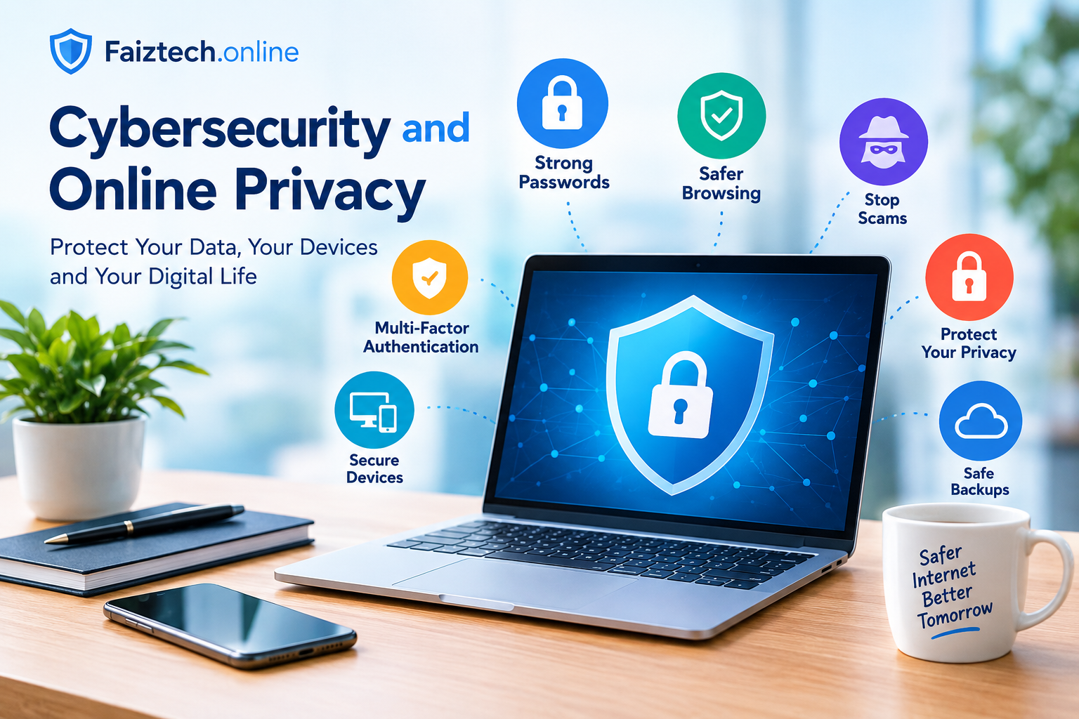 Cybersecurity and online privacy protection with a secure laptop, digital shield, strong passwords, and safe browsing.